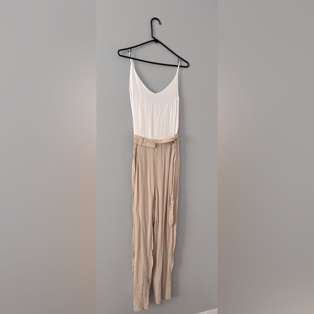 Tan and White Linen Jumpsuit